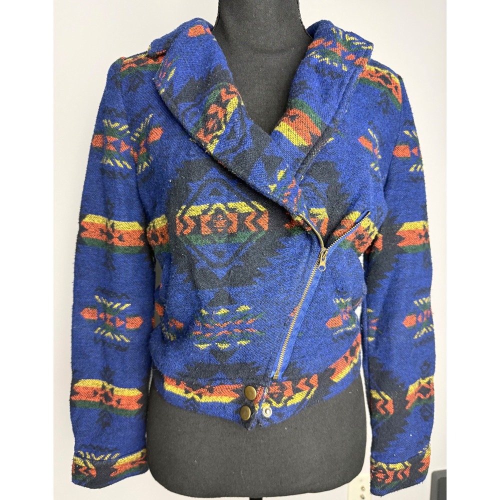 Southwestern Aztec Moto Jacket Blue Geometric Woven Asymmetrical Zip CroppedBoho - Picture 4 of 4